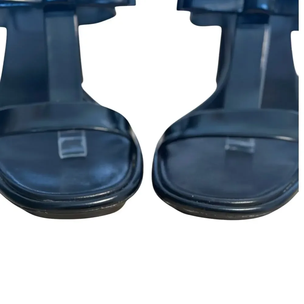 Prada Black Patent Leather T Strap Bow Open Toe Block Heel Sandals 40